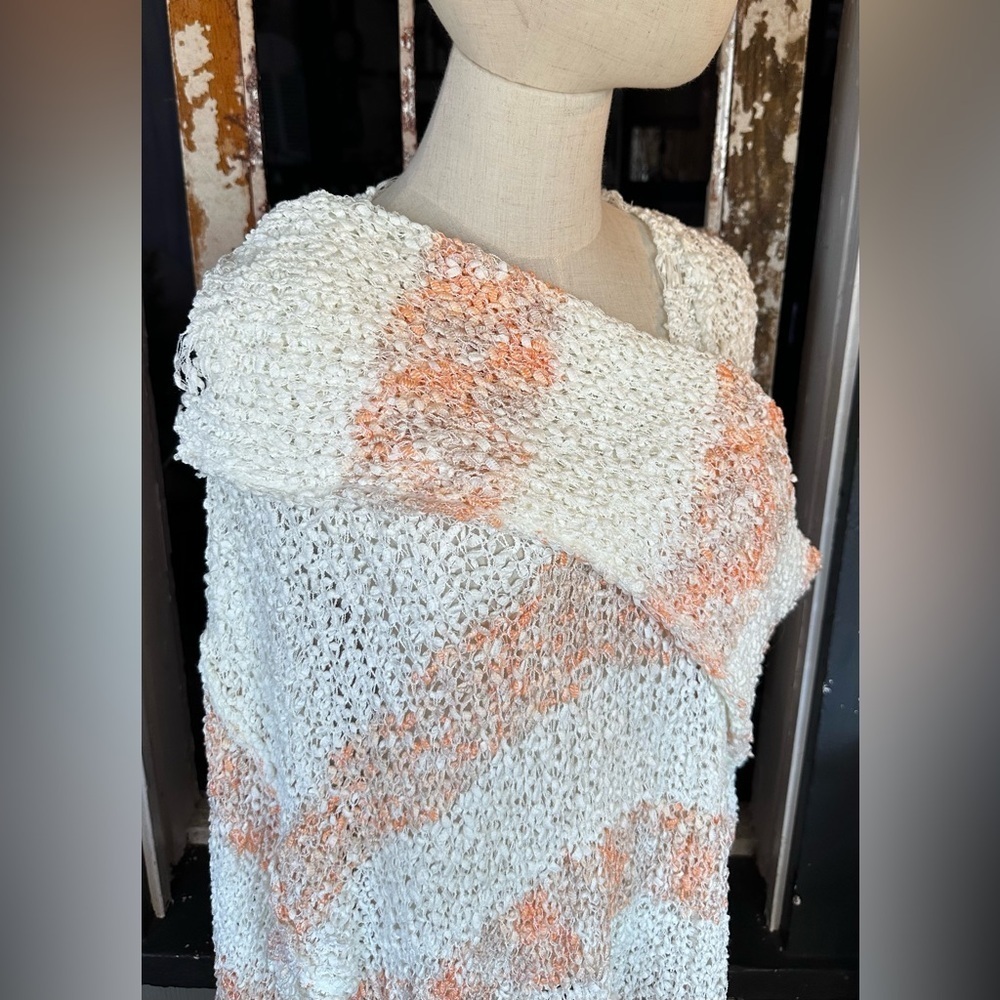 POL Oversized Distressed Open Knit Sweater Cream Peach Stripe Boho Pullover M - Picture 4 of 8